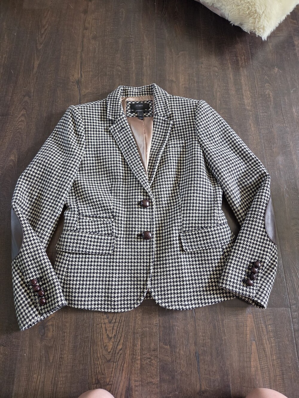 J.Crew Schoolboy Blazer Wool Houndstooth Leather Elbow Patches - Size 8 - Picture 2 of 8